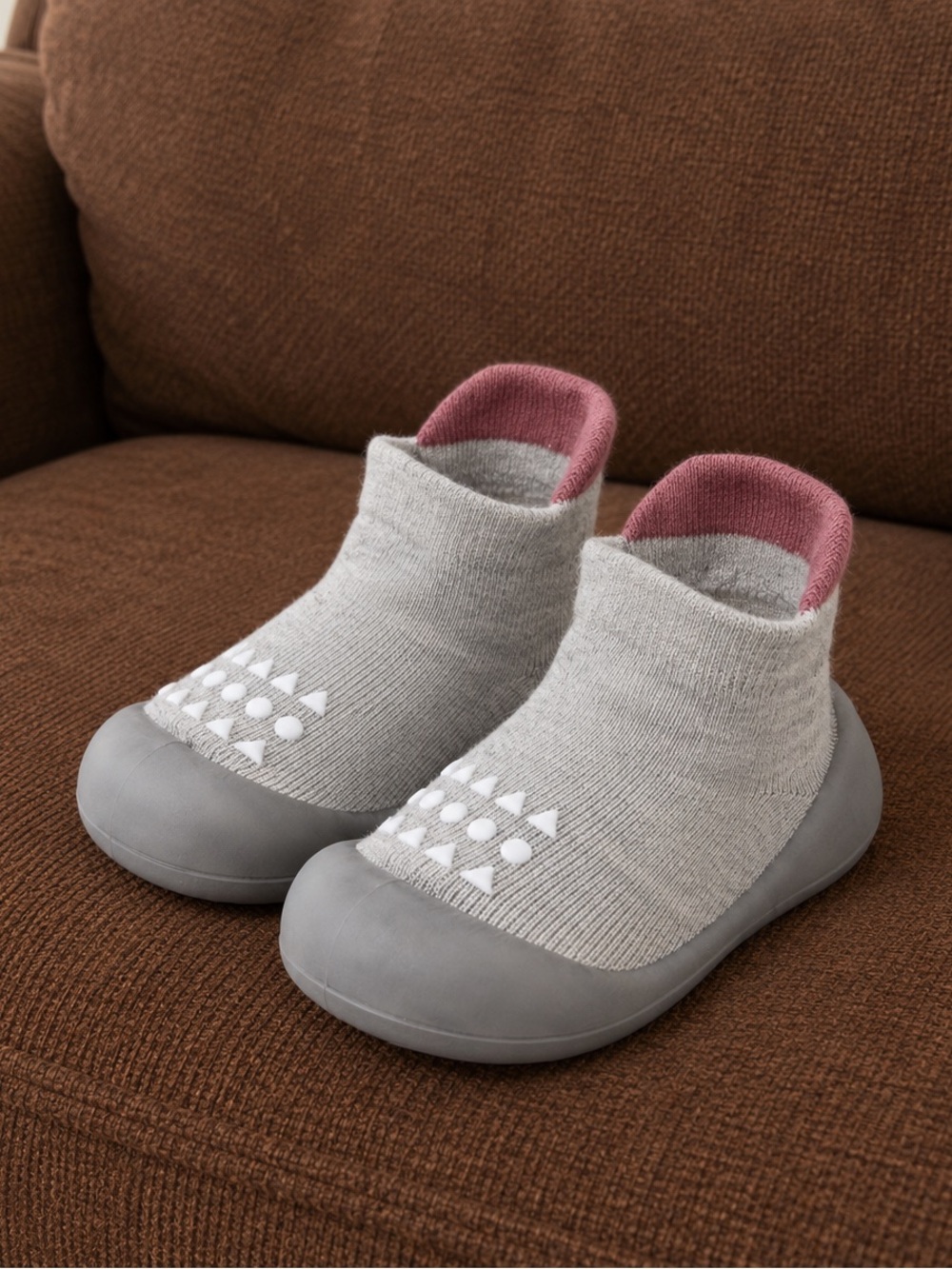Cozy Sock-Style Baby Walkers in Light Gray with Pink Trim
